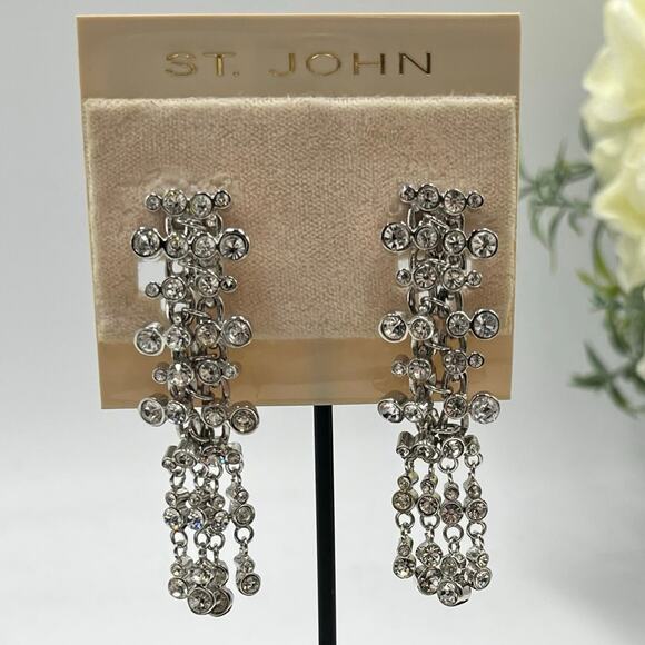 St. John Designer Crystal‎ Chandelier Earrings Silver Tone Statement Jewelry New